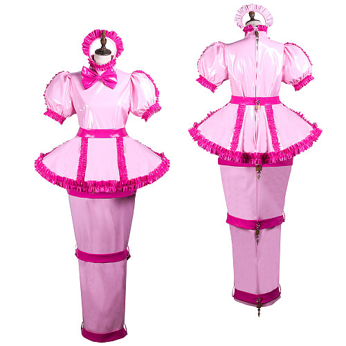 Fondcosplay Pink Heavy PVC Lockable Sissy Maid Dress with Restraint Skirt and Bow – Crossdressing Outfit [G3740]