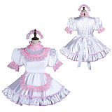 Fondcosplay White Satin Lockable Sissy Maid Dress with Pink Lace, Apron and Headpiece – Crossdressing Outfit [G3746]