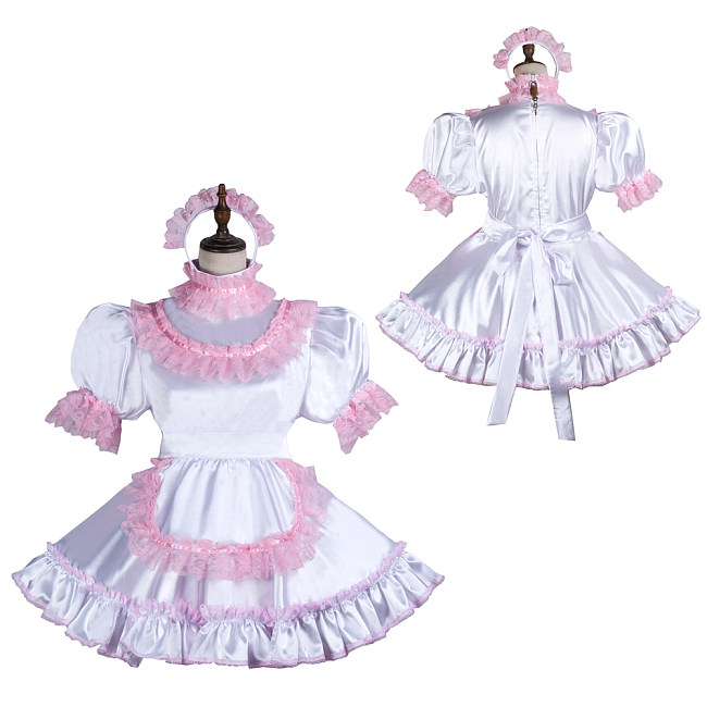 Fondcosplay White Satin Lockable Sissy Maid Dress with Pink Lace, Apron and Headpiece – Crossdressing Outfit [G3746]