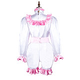 Fondcosplay White & Pink Satin Lockable Sissy Maid Romper – Crossdressing Jumpsuit Outfit [G3720]