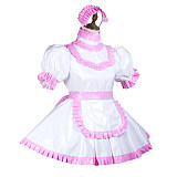 Fondcosplay White & Pink Thin PVC Lockable Sissy Maid Dress with Apron and Headpiece – Crossdressing Outfit [G3734]