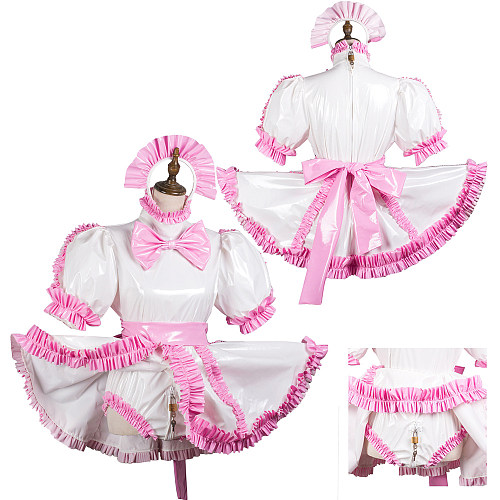 Fondcosplay White & Pink Heavy PVC Lockable Sissy Maid Dress with Panties and Headpiece – Crossdressing Outfit [G3711]