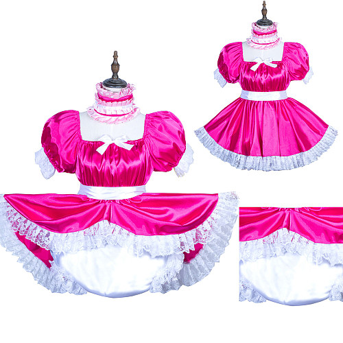Fondcosplay Hot Pink Satin Lockable Sissy Maid Dress with Lace and Choker – Crossdressing Outfit [G3749]