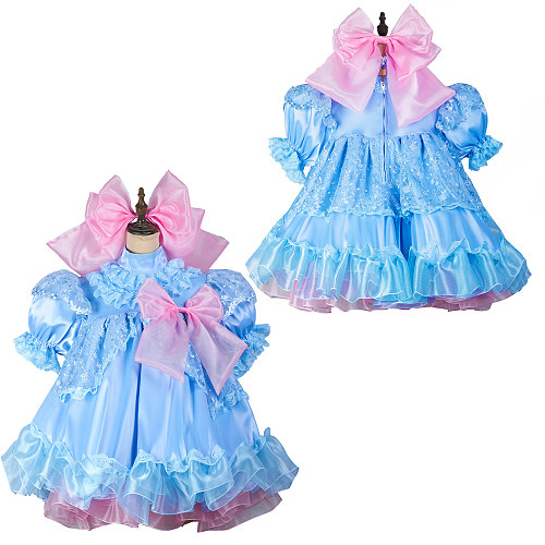 Fondcosplay Lockable Blue Satin and Organza Sissy Maid Dress with Pink Oversized Bows [G2430]