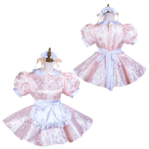 Fondcosplay Pink Satin Lockable Sissy Maid Dress with Apron and Headpiece – Crossdressing Outfit [G3710]