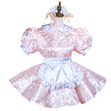 Fondcosplay Pink Satin Lockable Sissy Maid Dress with Apron and Headpiece – Crossdressing Outfit [G3710]