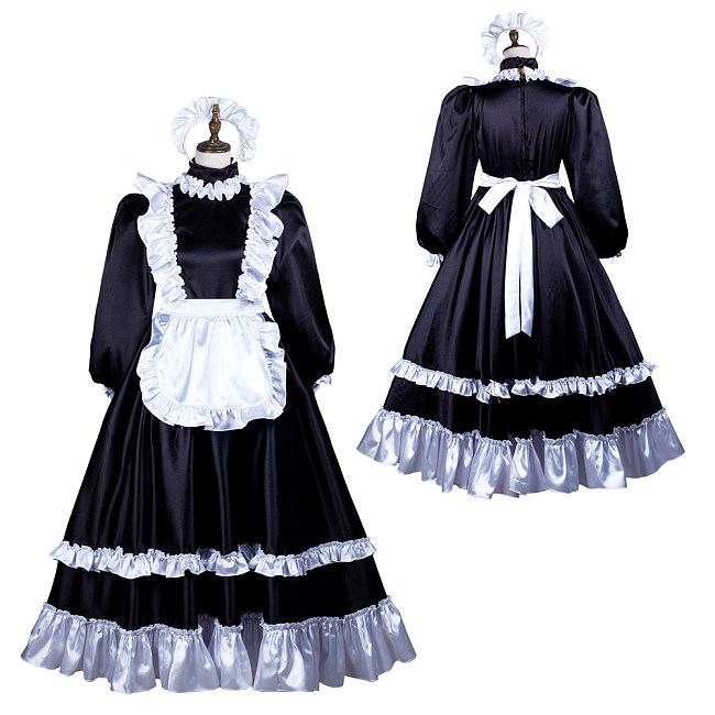 Fondcosplay Black Satin Lockable Long Sissy Maid Dress with Apron and Headpiece – Crossdressing Outfit [G3733]
