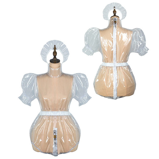 Fondcosplay Lockable Clear PVC Transparent Sissy Maid Crossdressing Romper with Headpiece [G2426]