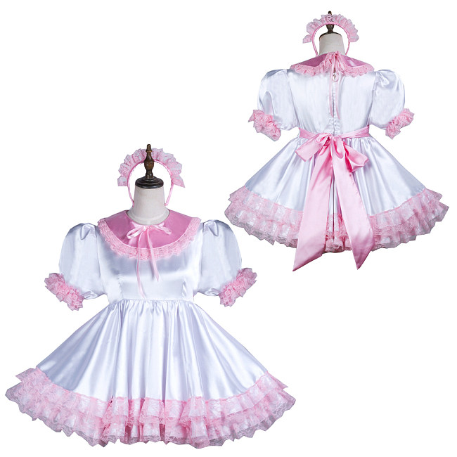Fondcosplay White & Pink Satin Lockable Sissy Maid Dress with Lace and Headpiece – Crossdressing Outfit [G3745]