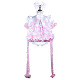 Fondcosplay White & Pink Satin Lockable Sissy Maid Dress with Bows and Handcuffs – Crossdressing Outfit [G3727]