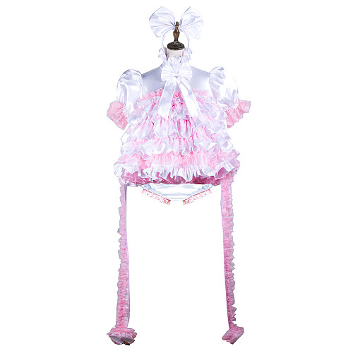 Fondcosplay White & Pink Satin Lockable Sissy Maid Dress with Bows and Handcuffs – Crossdressing Outfit [G3727]