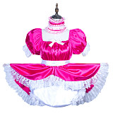 Fondcosplay Hot Pink Satin Lockable Sissy Maid Dress with Lace and Choker – Crossdressing Outfit [G3749]