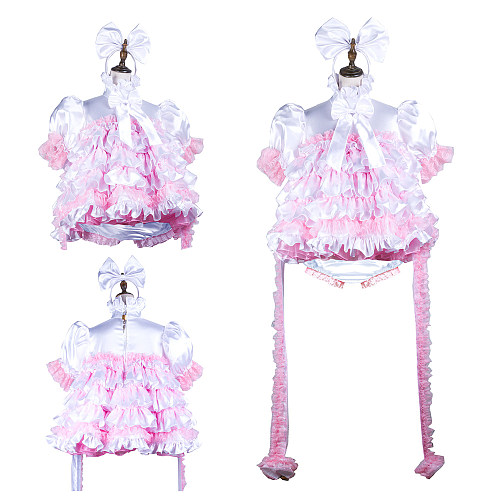 Fondcosplay White & Pink Satin Lockable Sissy Maid Dress with Bows and Handcuffs – Crossdressing Outfit [G3727]