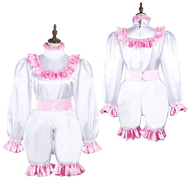 Fondcosplay White & Pink Satin Lockable Sissy Maid Romper – Crossdressing Jumpsuit Outfit [G3720]