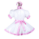 Fondcosplay White & Pink Thin PVC Lockable Sissy Maid Dress with Apron and Headpiece – Crossdressing Outfit [G3734]