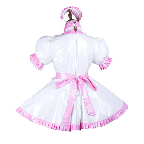 Fondcosplay White & Pink Thin PVC Lockable Sissy Maid Dress with Apron and Headpiece – Crossdressing Outfit [G3734]
