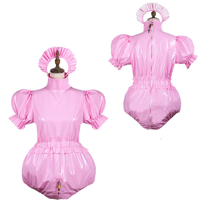Fondcosplay Pink Thin PVC Lockable Sissy Romper with Puff Sleeves and Headpiece – Crossdressing Outfit [G3743]
