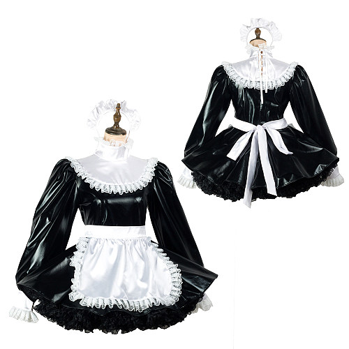 Fondcosplay Lockable Sissy Maid Faux Leather Crossdressing Dress Black White [G2437]
