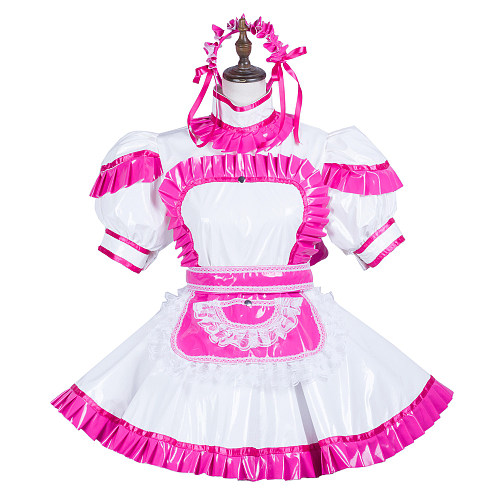 Fondcosplay White & Pink Thin PVC Lockable Sissy Maid Dress with Apron and Headpiece – Crossdressing Outfit [G3709]