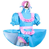Fondcosplay Blue & Pink Thin PVC Lockable Sissy Maid Dress with Panties and Headpiece – Crossdressing Outfit [G3715]