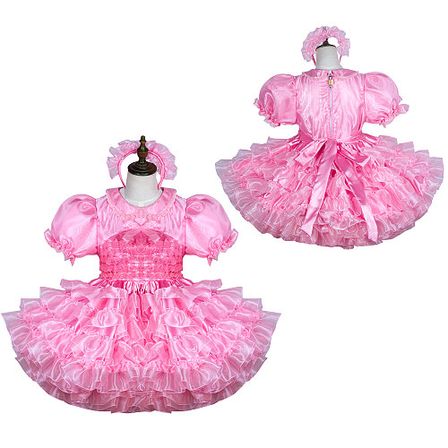 Fondcosplay Pink Satin & Organza Lockable Sissy Ruffled Maid Dress with Headpiece – Crossdressing Outfit [G3748]