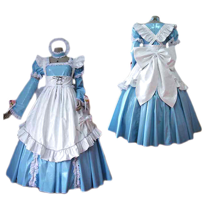 Fondcosplay Lockable Sissy Maid Thin PVC Crossdressing Dress Blue White [G2470]