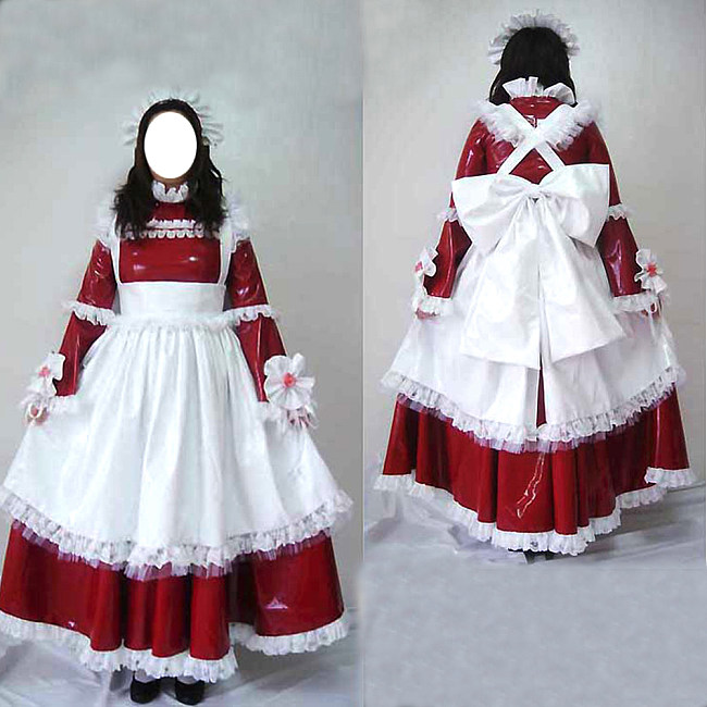 Fondcosplay Lockable Sissy Maid Thin PVC Crossdressing Dress Red White [G2469]