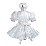 Fondcosplay White Thin PVC Lockable Sissy Maid Dress with Pink Trim, Apron and Headpiece – Crossdressing Outfit [G3744]