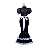 Fondcosplay Black Satin Lockable Long Mermaid Sissy Maid Dress with Apron and Headpiece – Crossdressing Outfit [G3721]