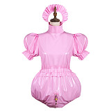 Fondcosplay Pink Thin PVC Lockable Sissy Romper with Puff Sleeves and Headpiece – Crossdressing Outfit [G3743]