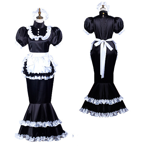 Fondcosplay Black Satin Lockable Long Mermaid Sissy Maid Dress with Apron and Headpiece – Crossdressing Outfit [G3721]