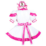 Fondcosplay White & Pink Thin PVC Lockable Sissy Maid Dress with Apron and Headpiece – Crossdressing Outfit [G3709]