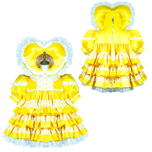 Fondcosplay Yellow Satin Lockable Sissy Maid Dress with Heart Hood – Crossdressing Outfit [G3703]