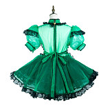Fondcosplay Green Organza Lockable Sissy Maid Dress with Black Lace Apron – Crossdressing Outfit [G3726]