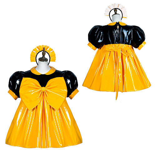 Fondcosplay Black & Yellow Thin PVC Lockable Sissy Maid Dress with Oversized Bow [G3757]