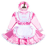 Fondcosplay Pink Satin Long Sleeve Lockable Sissy Maid Dress with Apron – Crossdressing Outfit [G3753]