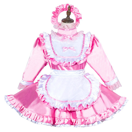 Fondcosplay Pink Satin Long Sleeve Lockable Sissy Maid Dress with Apron – Crossdressing Outfit [G3753]