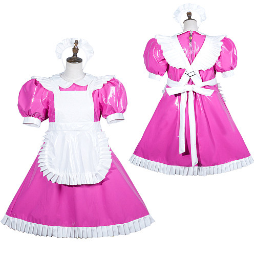 Fondcosplay Pink & White Thin PVC Lockable Sissy Maid Dress with Apron – Crossdressing Outfit [G3752]