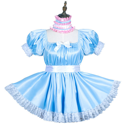 Fondcosplay Blue Satin Lockable Sissy Maid Romper with Lace Trim and Panties [G3755]