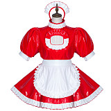 Fondcosplay Red Heavy PVC Lockable Sissy Maid Dress with White Apron and Cut-Out Chest [G3756]