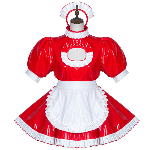 Fondcosplay Red Heavy PVC Lockable Sissy Maid Dress with White Apron and Cut-Out Chest [G3756]