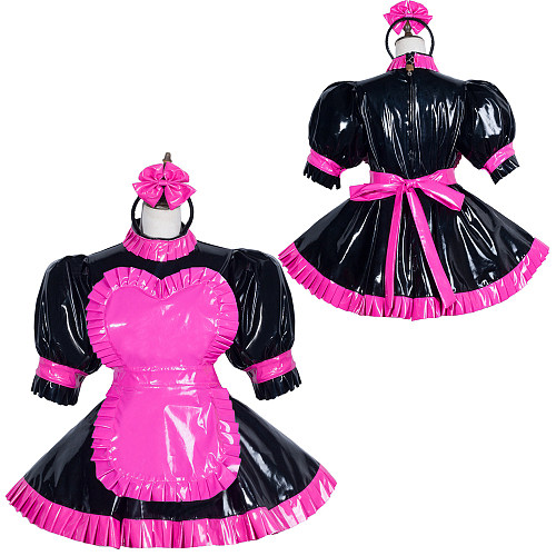 Fondcosplay Black & Pink Heavy PVC Lockable Sissy Maid Dress with Heart Apron – Crossdressing Outfit [G3751]