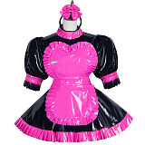 Fondcosplay Black & Pink Heavy PVC Lockable Sissy Maid Dress with Heart Apron – Crossdressing Outfit [G3751]
