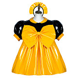 Fondcosplay Black & Yellow Thin PVC Lockable Sissy Maid Dress with Oversized Bow [G3757]