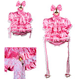 Fondcosplay Lockable Pink Satin Sissy Maid Crossdressing Bodysuit with Panty & Handcuffs [G3760]