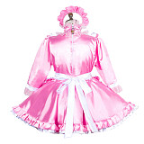 Fondcosplay Pink Satin Long Sleeve Lockable Sissy Maid Dress with Apron – Crossdressing Outfit [G3753]