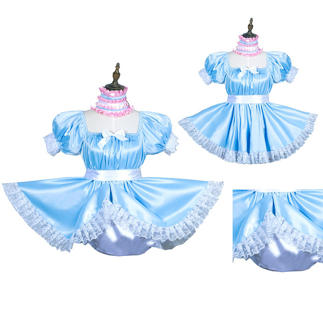 Fondcosplay Blue Satin Lockable Sissy Maid Romper with Lace Trim and Panties [G3755]