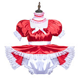 Fondcosplay Red Satin Lockable Sissy Maid Romper with Lace Trim and Collar [G3754]