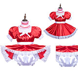 Fondcosplay Red Satin Lockable Sissy Maid Romper with Lace Trim and Collar [G3754]