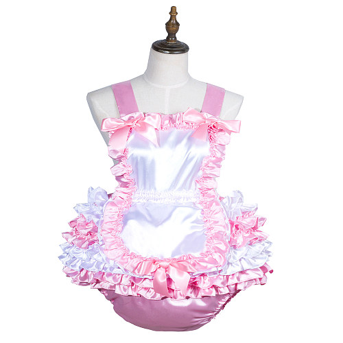 Fondcosplay Pink & White Satin Sissy Ruffle Romper Apron Dress [G3758]